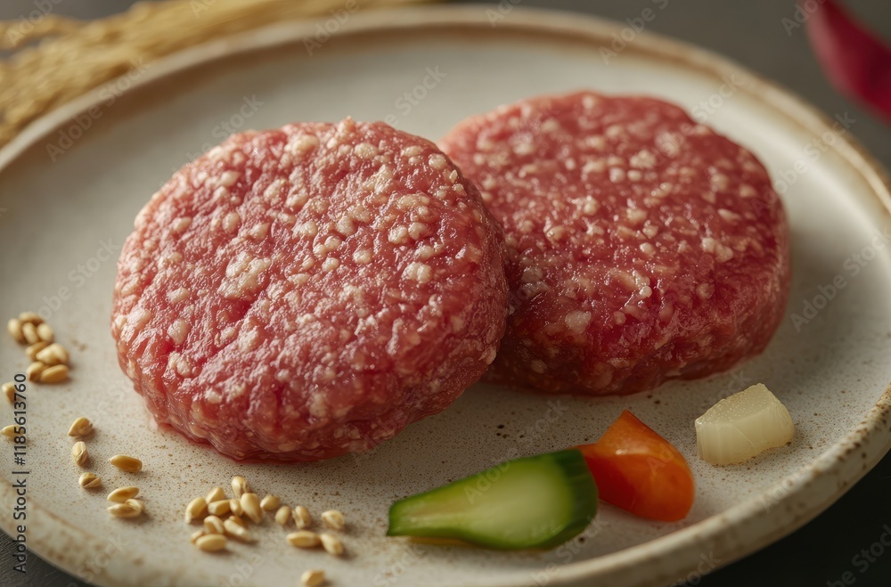 Fresh Raw Beef Patties Ready for Cooking on a Rustic Plate with Embedded Vegetables and Grain Elements, Perfect for Culinary Projects and Food Photography Fresh Raw Beef Patties Ready for Cooking on a Rustic Plate with Embedded Vegetables and Grain Elements, Perfect for Culinary Projects and Food Photography