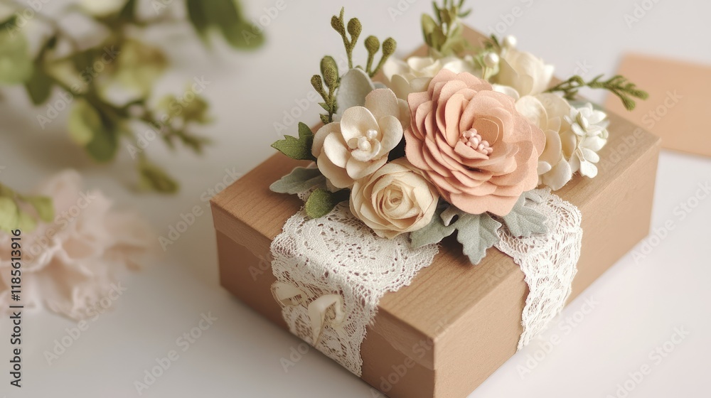 Elegant gift box adorned with flowers and a wedding tag perfect for special occasions and celebrations. Elegant gift box adorned with flowers and a wedding tag perfect for special occasions and celebrations.