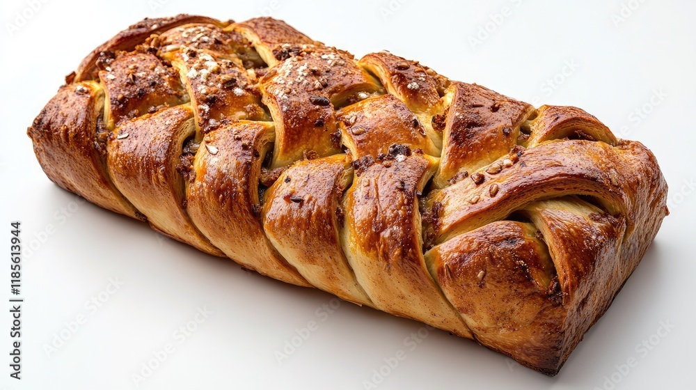 Freshly baked golden braided loaf with nuts on a white background showcasing delicious texture and appetizing appearance. Freshly baked golden braided loaf with nuts on a white background showcasing delicious texture and appetizing appearance.