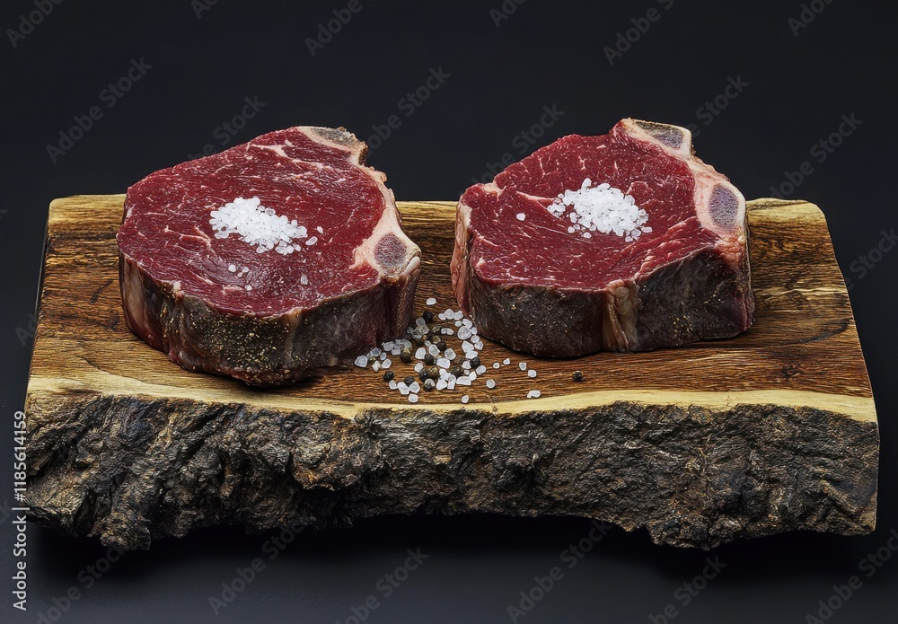 Fresh Raw Beef Steak Cuts with Coarse Sea Salt on Rustic Wooden Board, Close Up for Culinary and Gastronomic Themes in High Contrast Setting Fresh Raw Beef Steak Cuts with Coarse Sea Salt on Rustic Wooden Board, Close Up for Culinary and Gastronomic Themes in High Contrast Setting