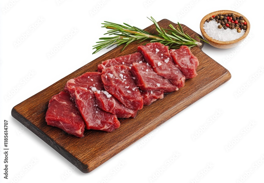 Fresh Raw Beef Steak on Wooden Cutting Board with Sea Salt and Spice Blend, Ready for Grilling or Cooking in Culinary Setting Fresh Raw Beef Steak on Wooden Cutting Board with Sea Salt and Spice Blend, Ready for Grilling or Cooking in Culinary Setting