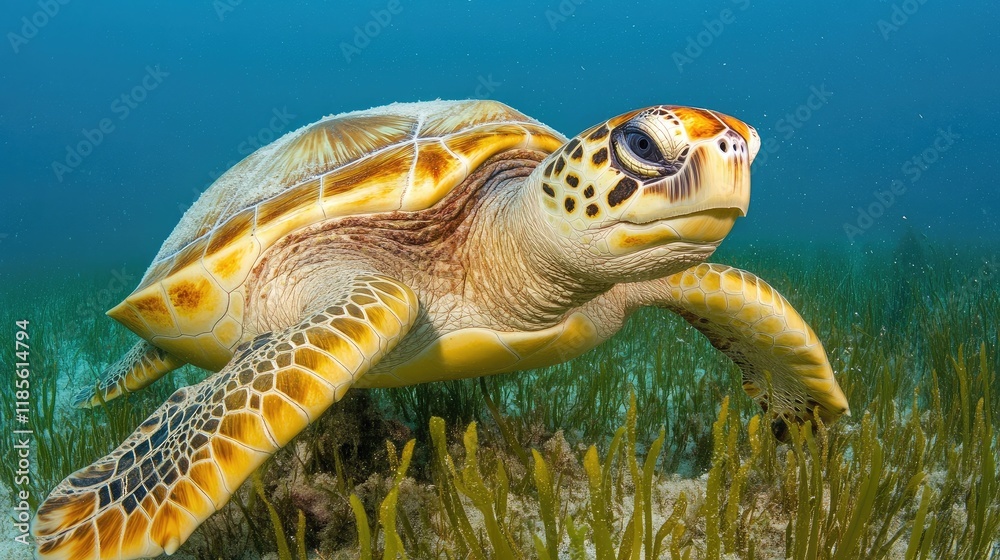 Fototapeta premium Majestic Sea Turtle Gliding Through Crystal Clear Ocean Waters With Vibrant Marine Vegetation