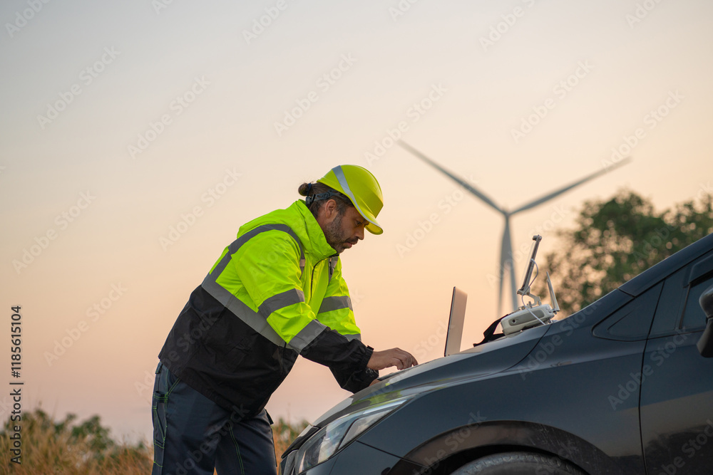 Engineer with laptop survey work in wind turbine farms rotation to generate electricity energy. Maintenance engineer working in wind turbine farm at sunset. Engineer with laptop survey work in wind turbine farms rotation to generate electricity energy. Maintenance engineer working in wind turbine farm at sunset.
