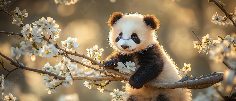 Obraz premium Baby panda on a branch with white blossoms, soft light