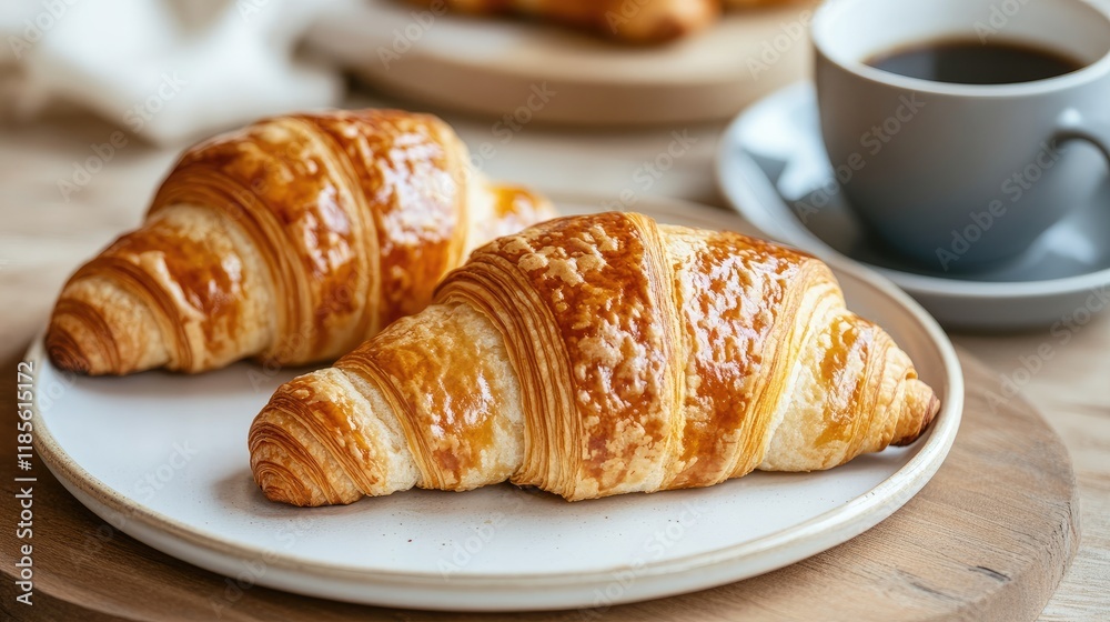 Delicious Golden Croissants Served with a Modern Coffee Cup on a Rustic Table Setting Delicious Golden Croissants Served with a Modern Coffee Cup on a Rustic Table Setting