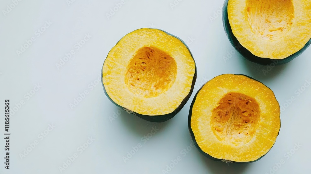 Halved and Sliced Acorn Squash Isolated on Light Background with Smooth Texture Halved and Sliced Acorn Squash Isolated on Light Background with Smooth Texture