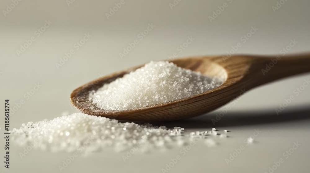 Wooden spoon with granulated sugar on a light background showcasing culinary ingredients and baking concepts for food photography.