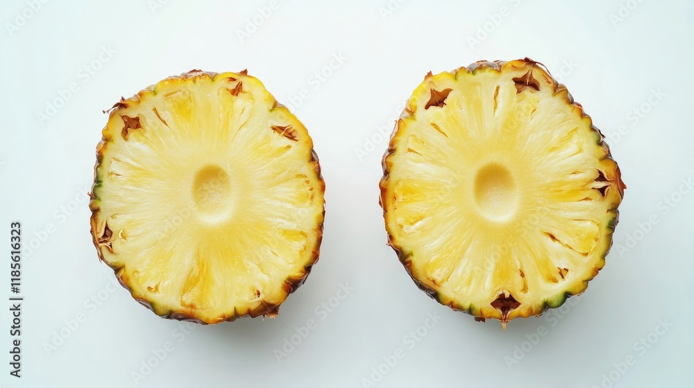 Halved and whole pineapple on a clean white background showcasing fresh and tropical fruit textures
