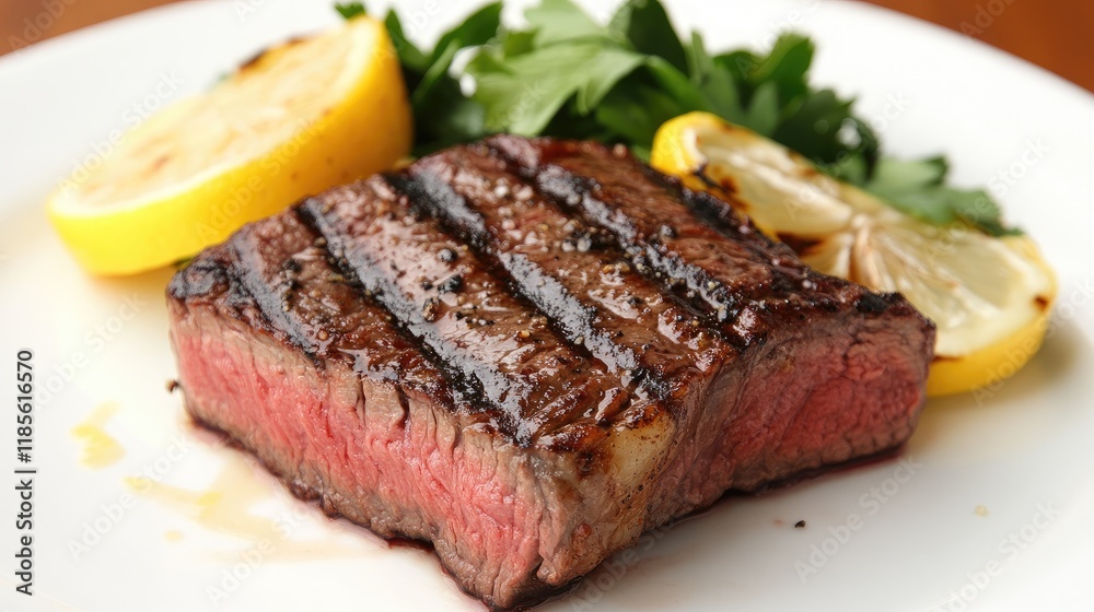 Grilled medium rare ribeye steak with lemon slices and fresh parsley on a white plate showcasing a delicious gourmet meal. Grilled medium rare ribeye steak with lemon slices and fresh parsley on a white plate showcasing a delicious gourmet meal.