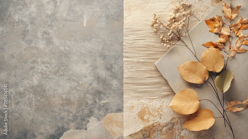 Minimalist abstract wallpaper showcasing natural textures with dried leaves and soft color palettes for modern decor inspiration photo