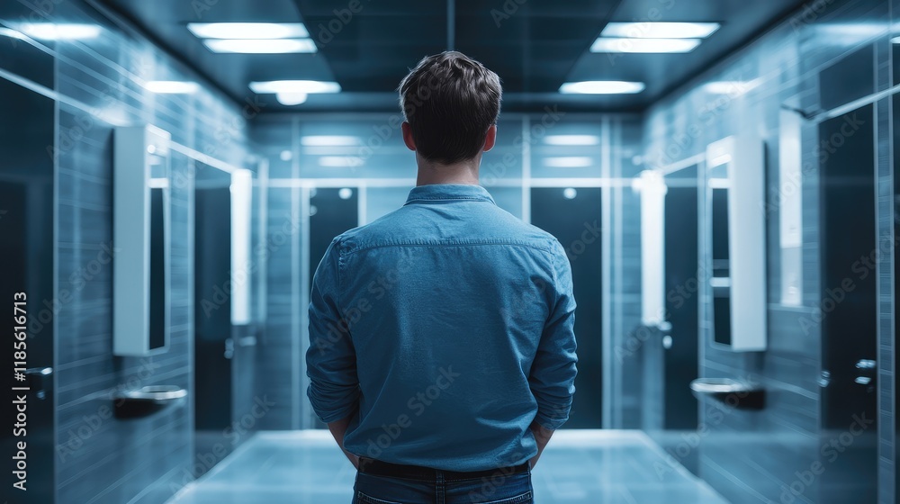 Man observing empty men's restroom interior with modern design and reflective surfaces conveying isolation and contemplation Man observing empty men's restroom interior with modern design and reflective surfaces conveying isolation and contemplation