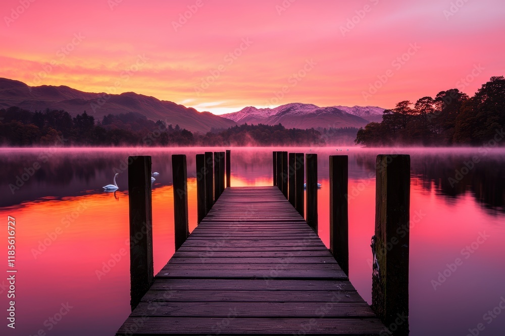 Serene Sunset Over Calm Lake with Pier and Swans in Soft Light Serene Sunset Over Calm Lake with Pier and Swans in Soft Light