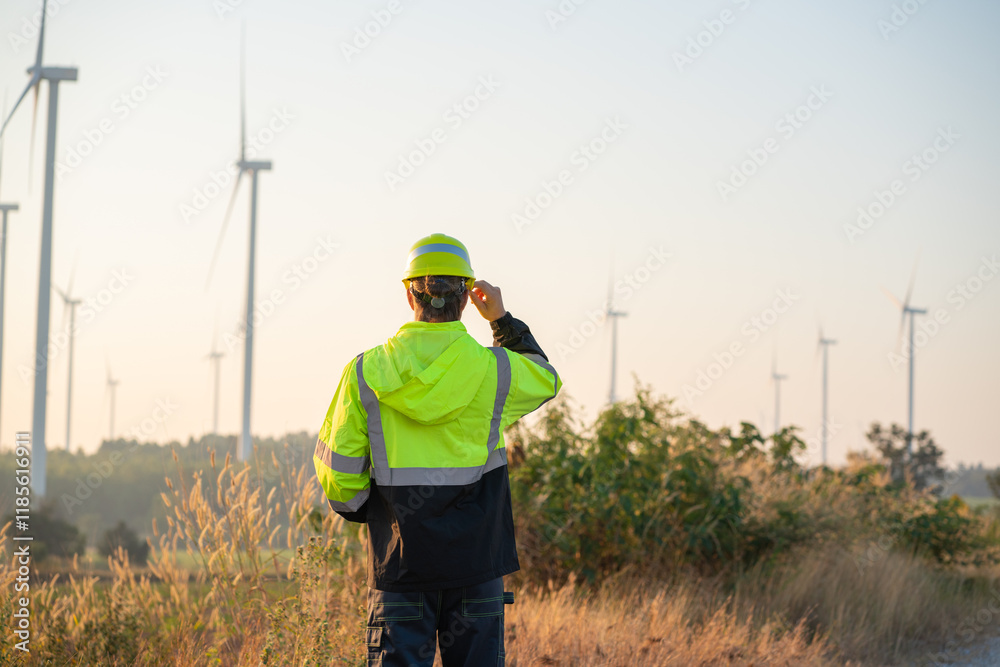 custom made wallpaper toronto digitalEngineer wearing uniform inspection and survey work in wind turbine farms rotation to generate electricity energy. Maintenance engineer working in wind turbine farm.
