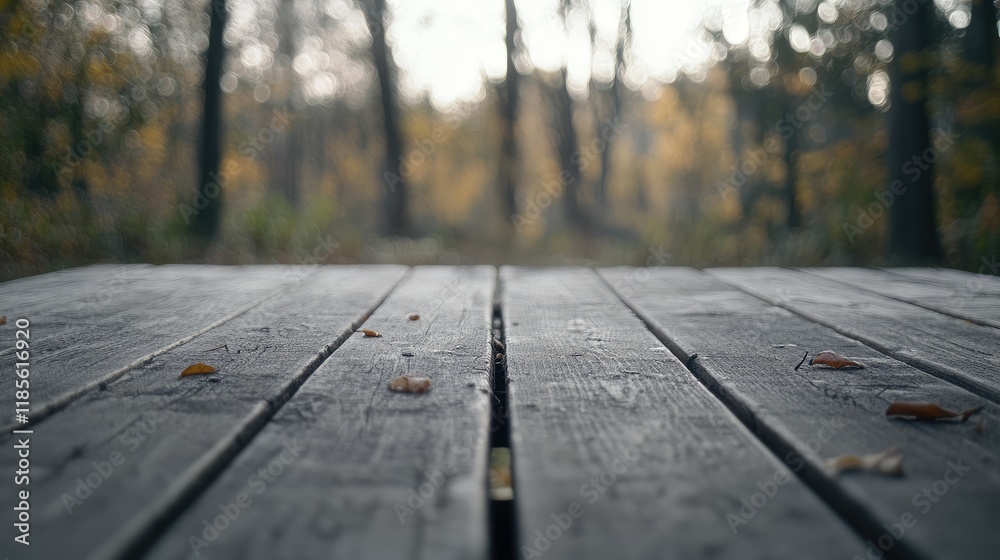 Fototapeta premium Wooden Table Surface with Soft Bokeh Background in Autumn Forest Setting