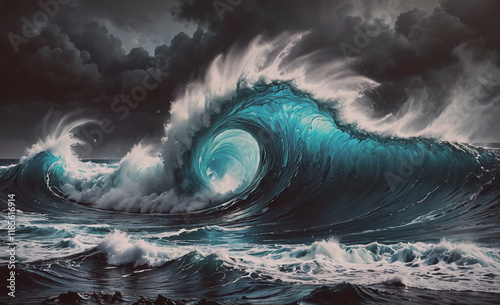 Large wave is crashing into the ocean. The water is dark blue and the sky is cloudy