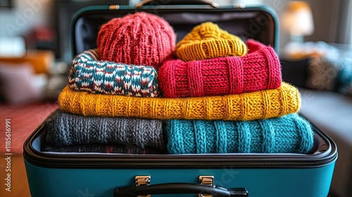 A wide-angle view captures an open suitcase full of vibrant casual clothes, evoking excitement for winter vacations and travel