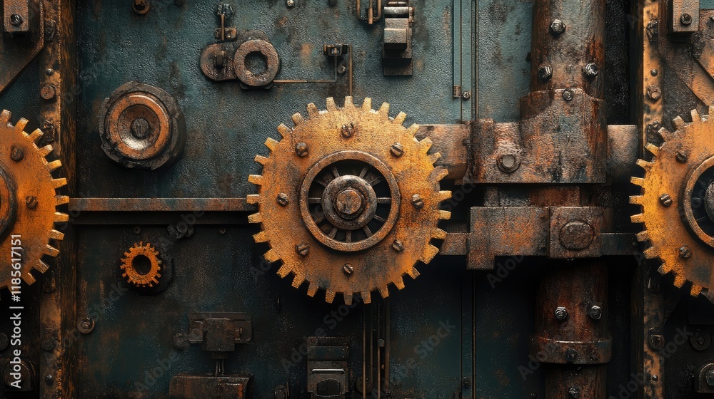 Rusty industrial gears and machinery close-up background with a vintage steampunk aesthetic for design and artistic purposes. Rusty industrial gears and machinery close-up background with a vintage steampunk aesthetic for design and artistic purposes.