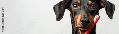 Dog holding a red toothbrush, closeup, white background photo