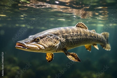 A majestic northern pike gliding through the crystal clear waters of a remote lake, its shimmering scales reflecting the warm rays of the sun.