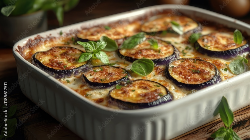 Deliciously Baked Eggplant Casserole on Rustic Wooden Table with Fresh Herbs