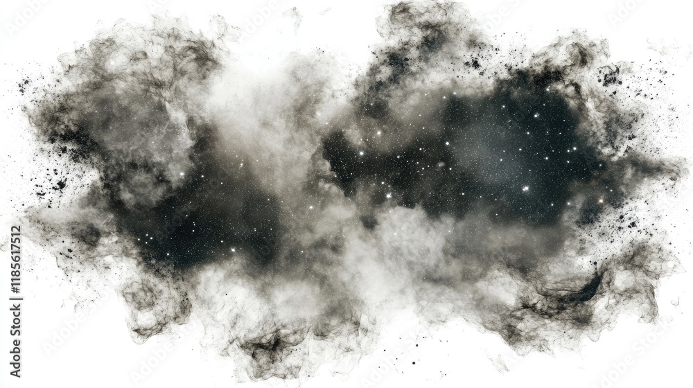 Interstellar Dark Cloud with Stars and Nebulae Isolated on White Background for Cosmic and Astronomical Imagery Use