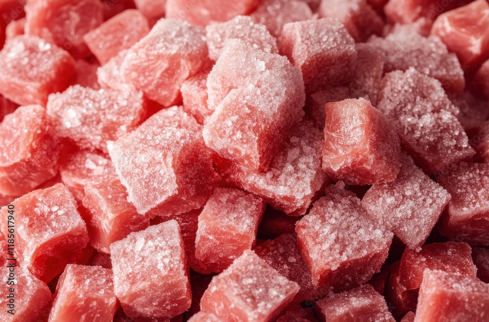 Fresh Raw Cubes of Red Meat with Salt Crystals for Cooking, Preparation, or Culinary Use, Ideal for Gastronomy and Recipes Requiring Quality Ingredients Fresh Raw Cubes of Red Meat with Salt Crystals for Cooking, Preparation, or Culinary Use, Ideal for Gastronomy and Recipes Requiring Quality Ingredients