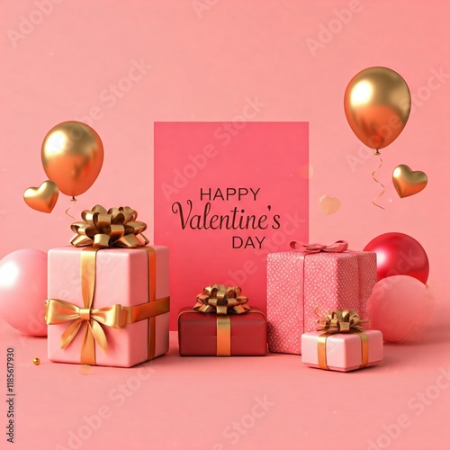 Valentine's Day. Greeting card and golden gift box.