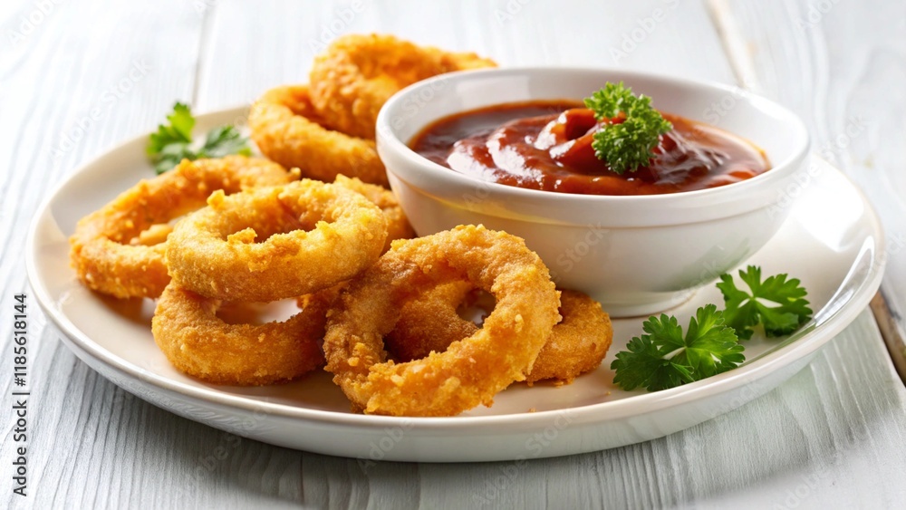 Onion ring served with a sweet and spicy dipping sauce against a white backdrop
Onion ring served with a sweet and spicy dipping sauce against a white backdrop