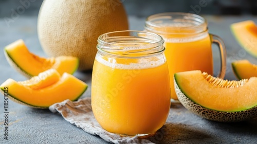 Refreshing melon juice served in glass jars with fresh melon slices on a rustic table setting for a vibrant summer drink concept. photo