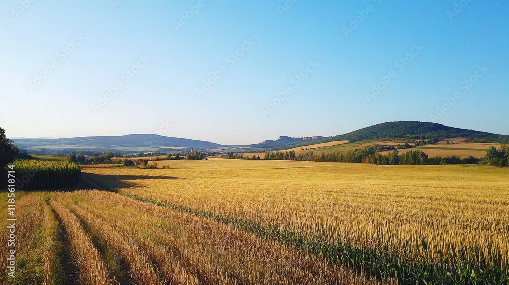 Vast golden cornfield under a clear blue sky with rolling hills in the distance showcasing the beauty of rural landscapes and agriculture Vast golden cornfield under a clear blue sky with rolling hills in the distance showcasing the beauty of rural landscapes and agriculture