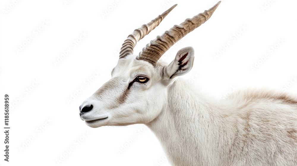 Graymont Addax Antelope Close Up Profile on White Background Capturing Unique Features and Habitat Adaptations Graymont Addax Antelope Close Up Profile on White Background Capturing Unique Features and Habitat Adaptations