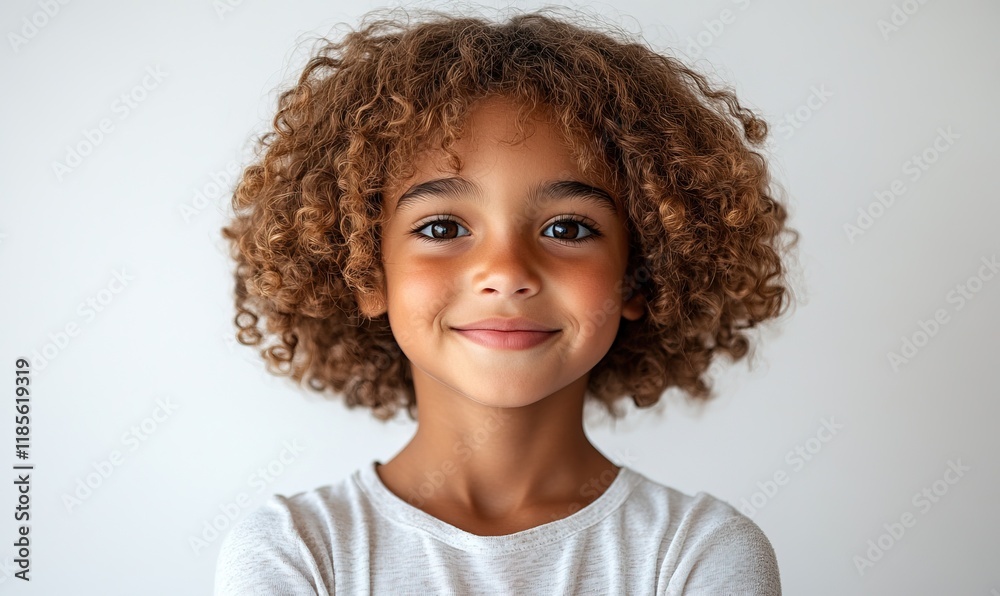 A smiling child with curly hair, showcasing happiness and innocence against a simple background. A smiling child with curly hair, showcasing happiness and innocence against a simple background.