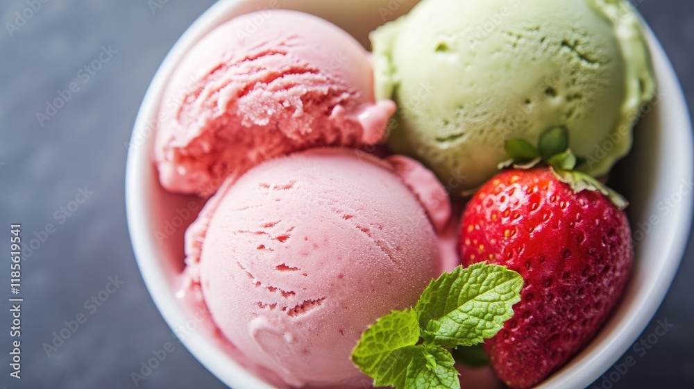 Delicious bowl of melon and strawberry ice cream scoops garnished with fresh strawberries and mint leaves on a dark background Delicious bowl of melon and strawberry ice cream scoops garnished with fresh strawberries and mint leaves on a dark background