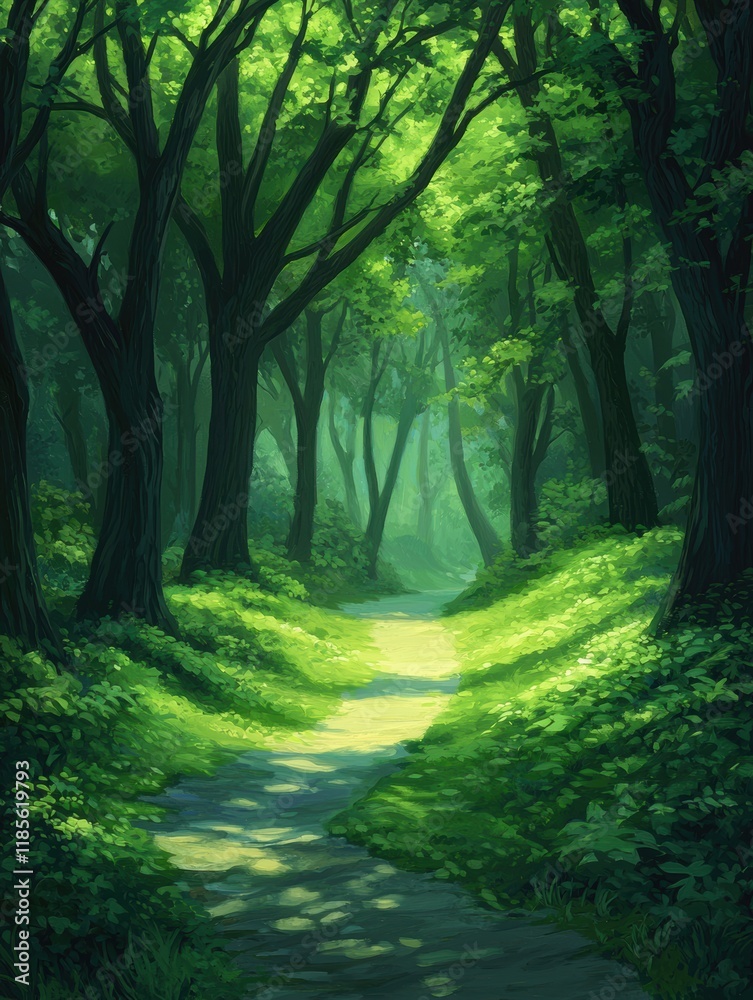 Naklejka premium Serene Sunlit Pathway Through Lush Green Forest Landscape