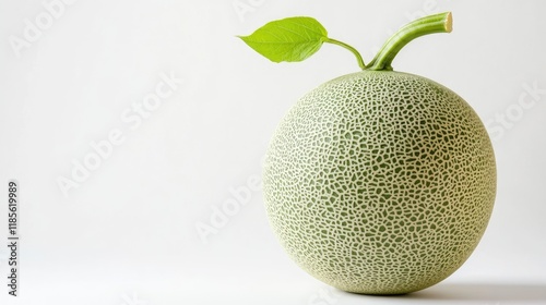 Fresh green melon fruit with vibrant stem on neutral background showcasing natural texture and healthy appearance photo