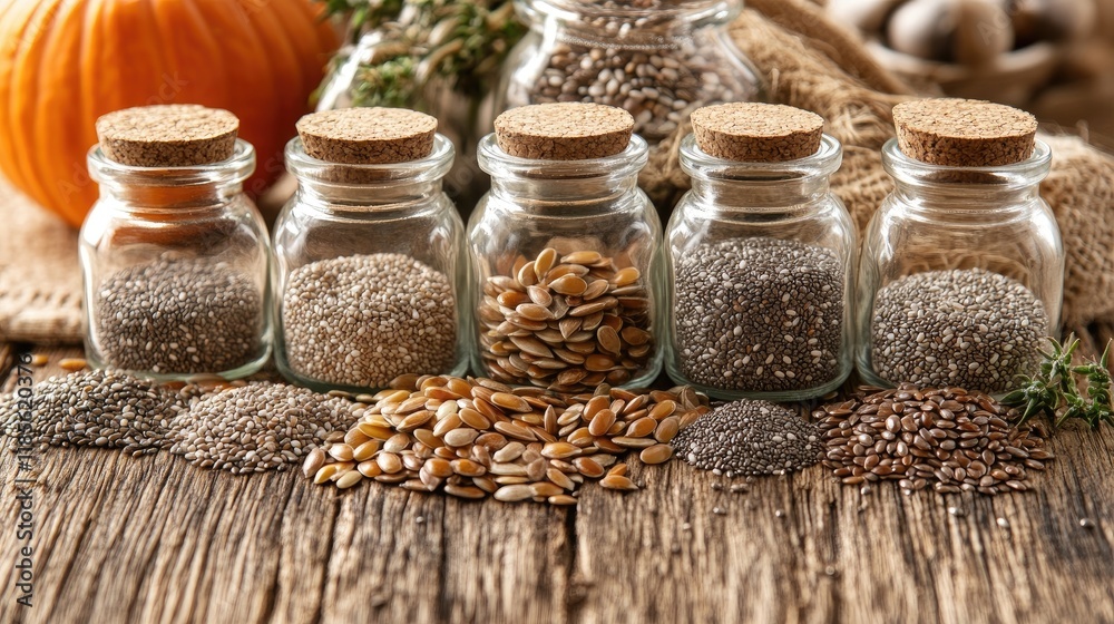 An elegant arrangement of assorted seeds, such as chia, flax, and pumpkin, presented in small glass jars on a wooden table for a healthy lifestyle theme. An elegant arrangement of assorted seeds, such as chia, flax, and pumpkin, presented in small glass jars on a wooden table for a healthy lifestyle theme.