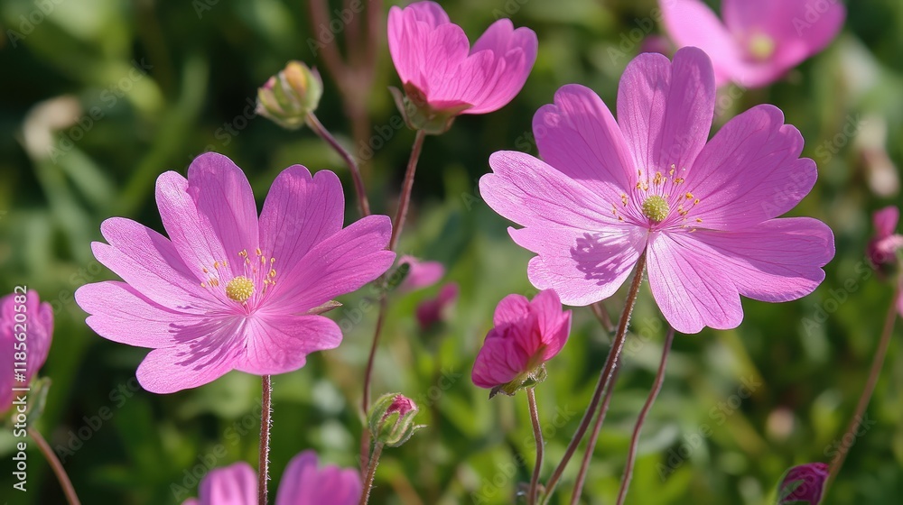 Wild pink flowers blooming in a lush green countryside field under bright sunlight during the spring season Wild pink flowers blooming in a lush green countryside field under bright sunlight during the spring season
