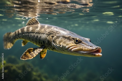 A majestic northern pike gliding through the crystal clear waters of a remote lake, its shimmering scales reflecting the warm rays of the sun.