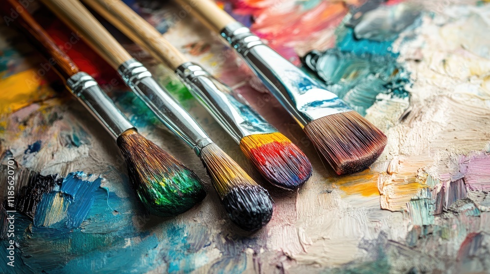 Fototapeta premium Artistic tools with paint brushes arranged on a colorful palette showcasing vibrant hues for painting and creativity concepts