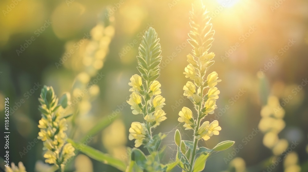 Blooming Melilotus albus or honey clover in summer sunlight showcasing vibrant yellow flowers and lush green foliage. Blooming Melilotus albus or honey clover in summer sunlight showcasing vibrant yellow flowers and lush green foliage.