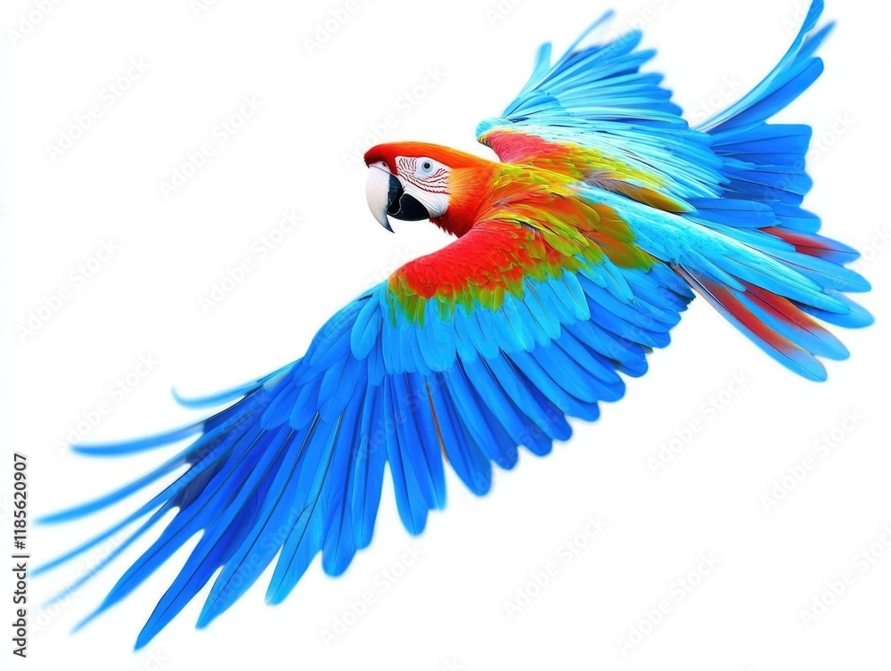 Fototapeta premium Vibrant Ara in Flight. Cheerful Caribbean Bird with Blue Beak Gliding Through the Air