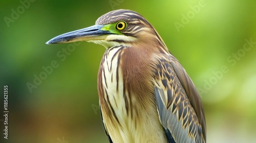 Indian pond heron Ardeola grayii close-up portrait showcasing vibrant colors in natural habitat with soft blurred background. photo