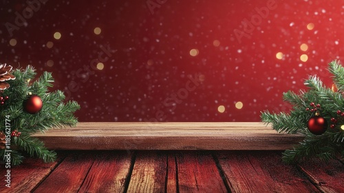 Rustic wooden table surrounded by festive greenery and a vibrant red background ideal for holiday promotions and marketing campaigns photo