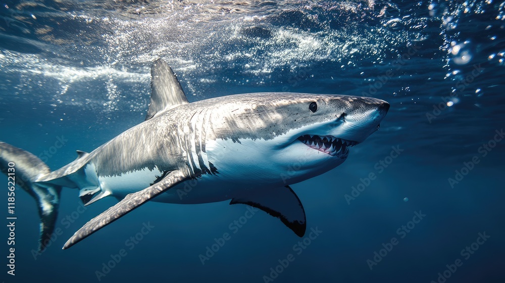 Fototapeta premium Great white shark gliding underwater surrounded by bubbles in a clear ocean environment showcasing marine wildlife elegance