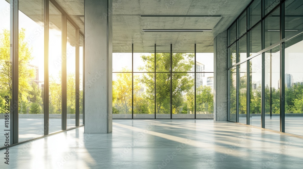 Fototapeta premium Modern Open Concrete Terrace with Expansive Glass Windows Showcasing Lush Greenery and Natural Light