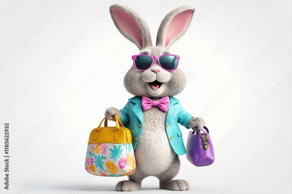 Fototapeta premium Stylish cartoon bunny with shopping bags.