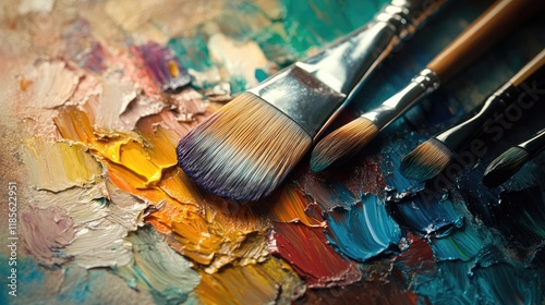 Artistic Paint Brushes Displayed on Colorful Palette with Samples of Oil Paints photo