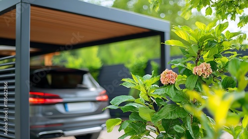 Modern urban carport featuring a sleek reflective aluminum roofing system and surrounded by a lush verdant natural environment  The design combines minimalist architecture with a touch of nature