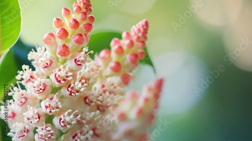 Indian poke Phytolacca acinosa flower close up showcasing delicate blossoms in a flowerbed with soft focus and natural light. photo