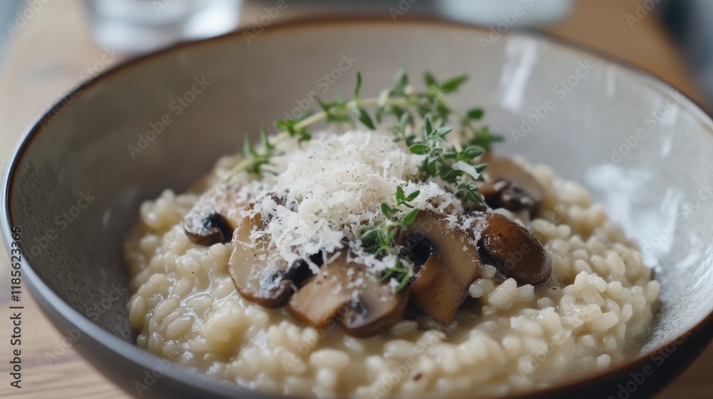 Mushroom risotto with parmesan and herbs served in a rustic bowl for an inviting gourmet home dining experience. Mushroom risotto with parmesan and herbs served in a rustic bowl for an inviting gourmet home dining experience.